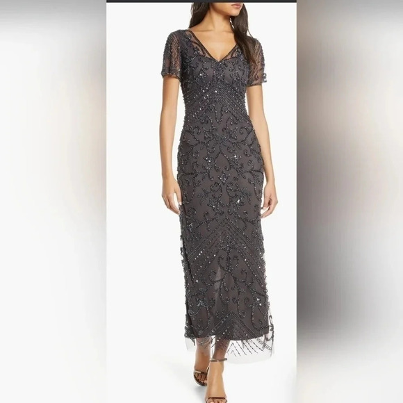 PISARRO NIGHTS 14 Beaded Mesh Column Gown Slate NWT - Picture 1 of 16